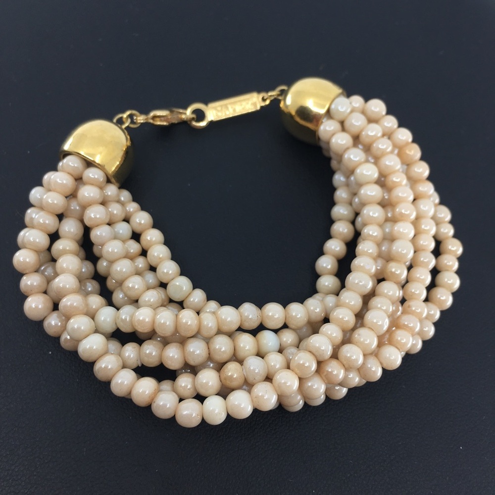 Vintage Signed Napier Multi Strand Faux Pearl Bracelet Gold Tone